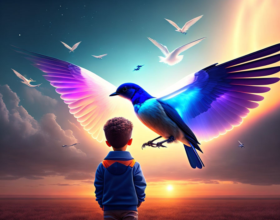 Child gazes at surreal sunset with giant colorful bird and flying birds in ethereal sky