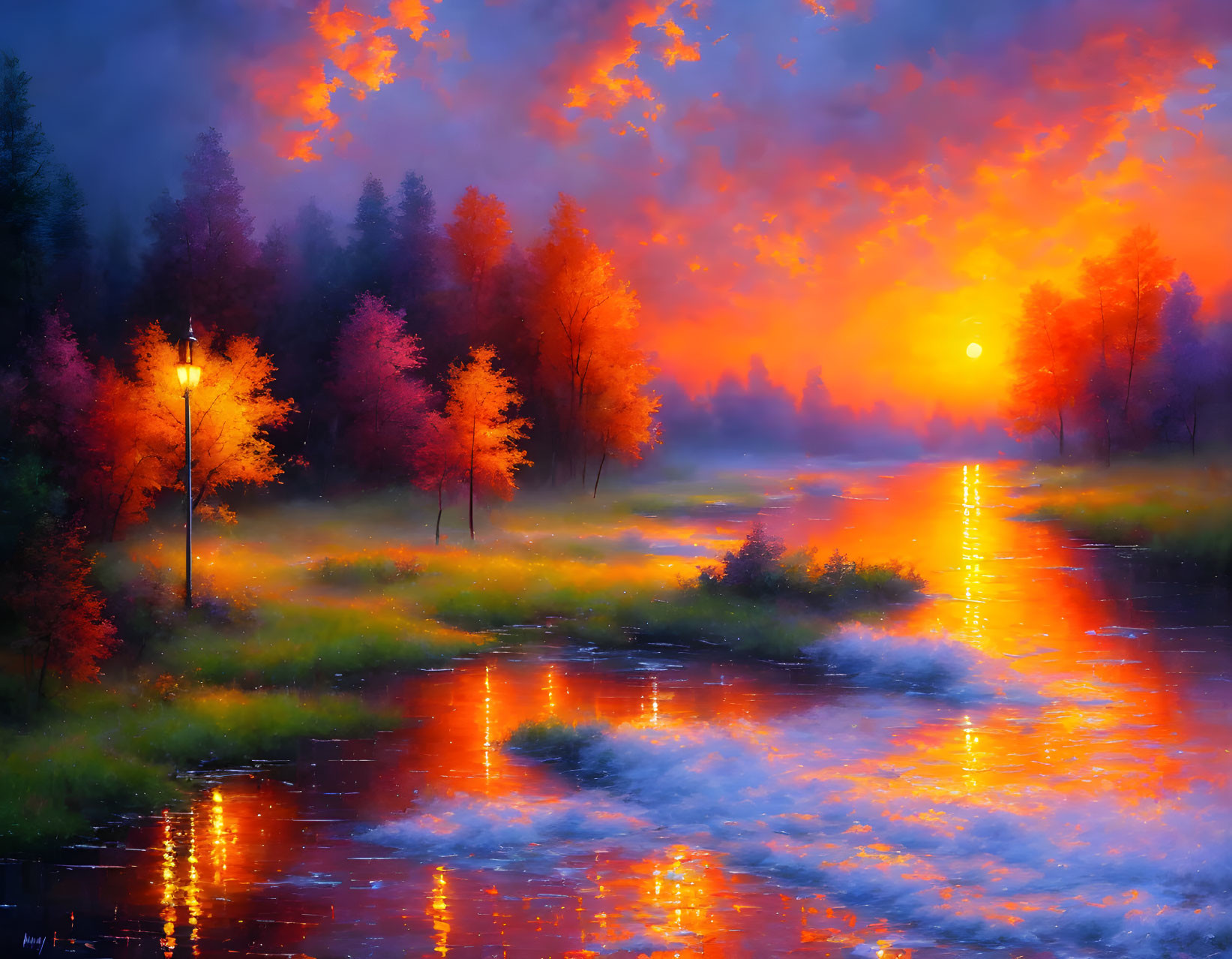 Vivid sunset over river with autumn trees and street lamp glow