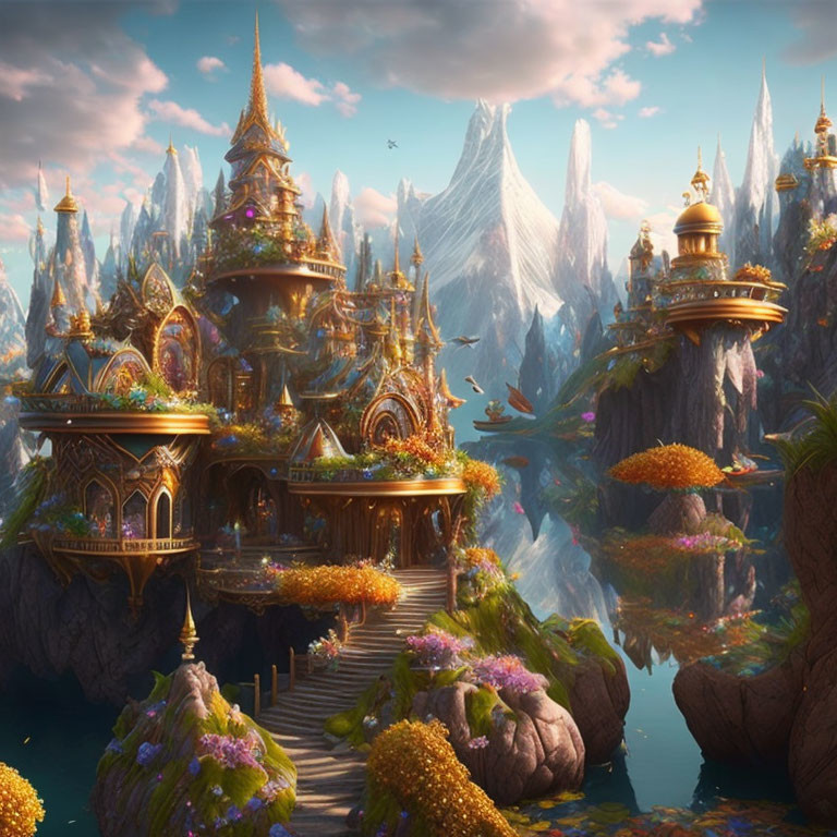 Fantasy landscape with golden castles, waterfalls, trees, and mountains