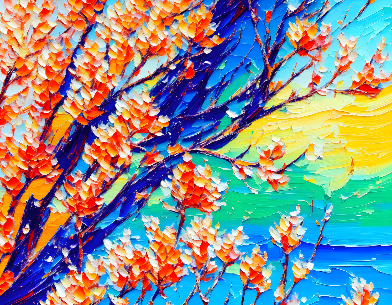 Colorful abstract painting of orange foliage on blue and yellow gradient background