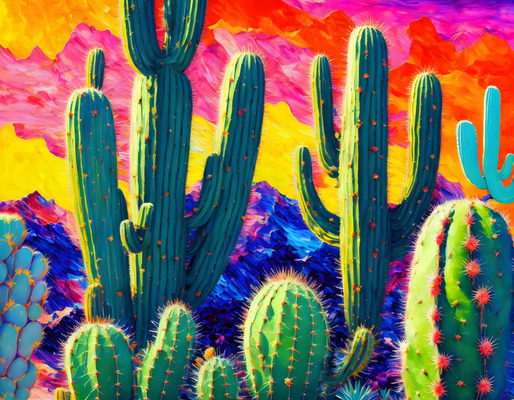 Colorful Abstract Painting of Various Cacti in Pink, Orange, Purple, and Yellow