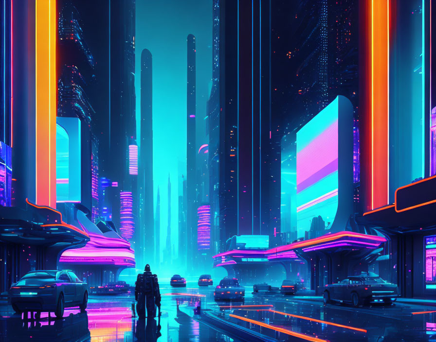 Futuristic cyberpunk cityscape with neon lights and figures