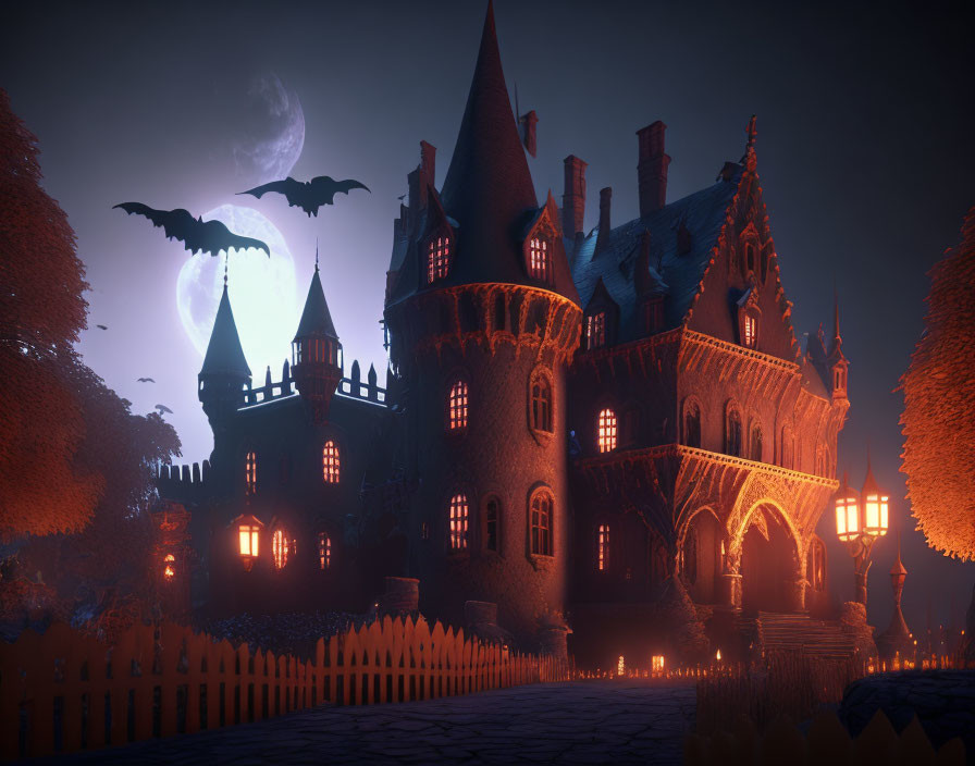 Eerie Gothic castle scene at twilight with flying creatures under full moon