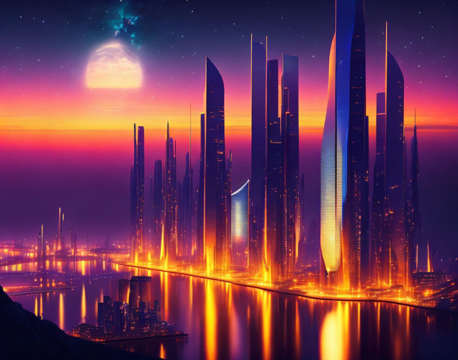 Futuristic city skyline at sunset with neon lights, reflective skyscrapers, and starry sky