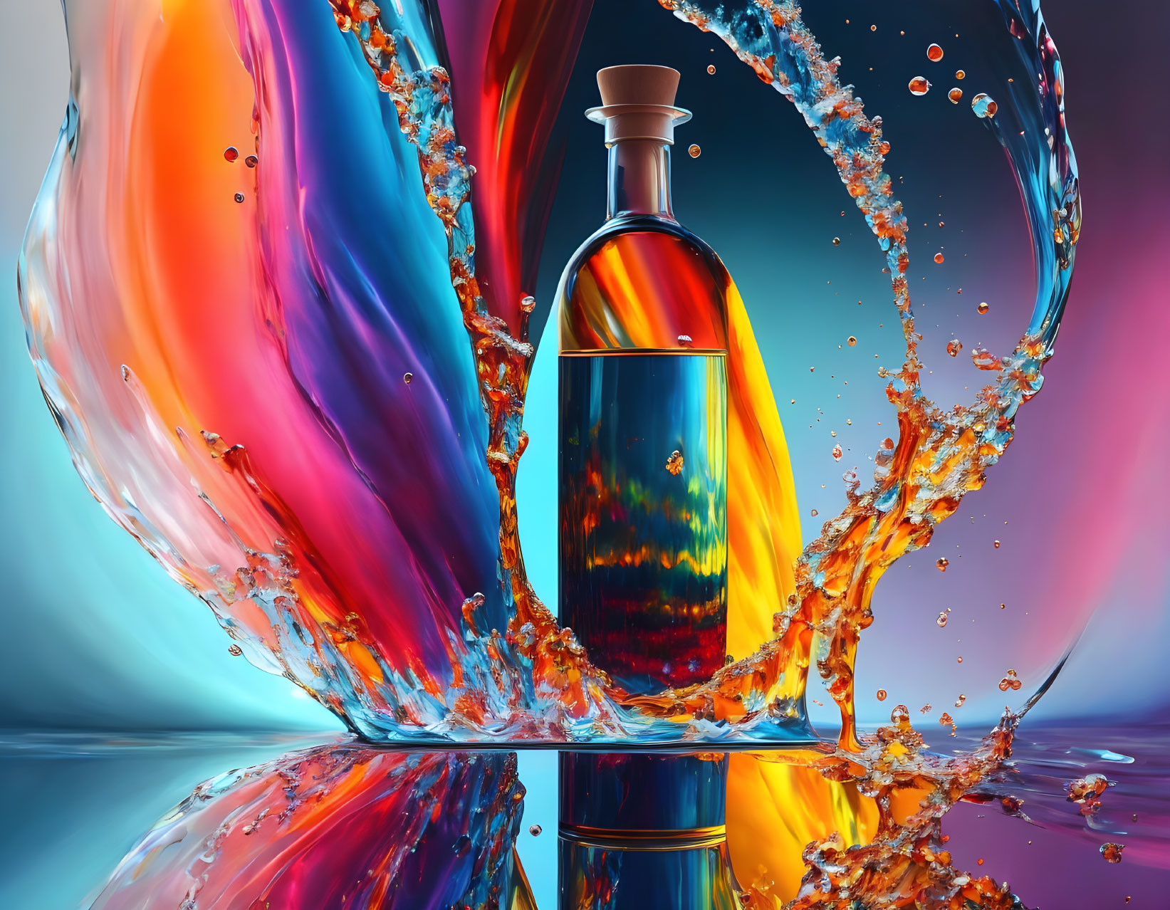 Colorful Abstract Image: Bottle Surrounded by Dynamic Liquid Splashes