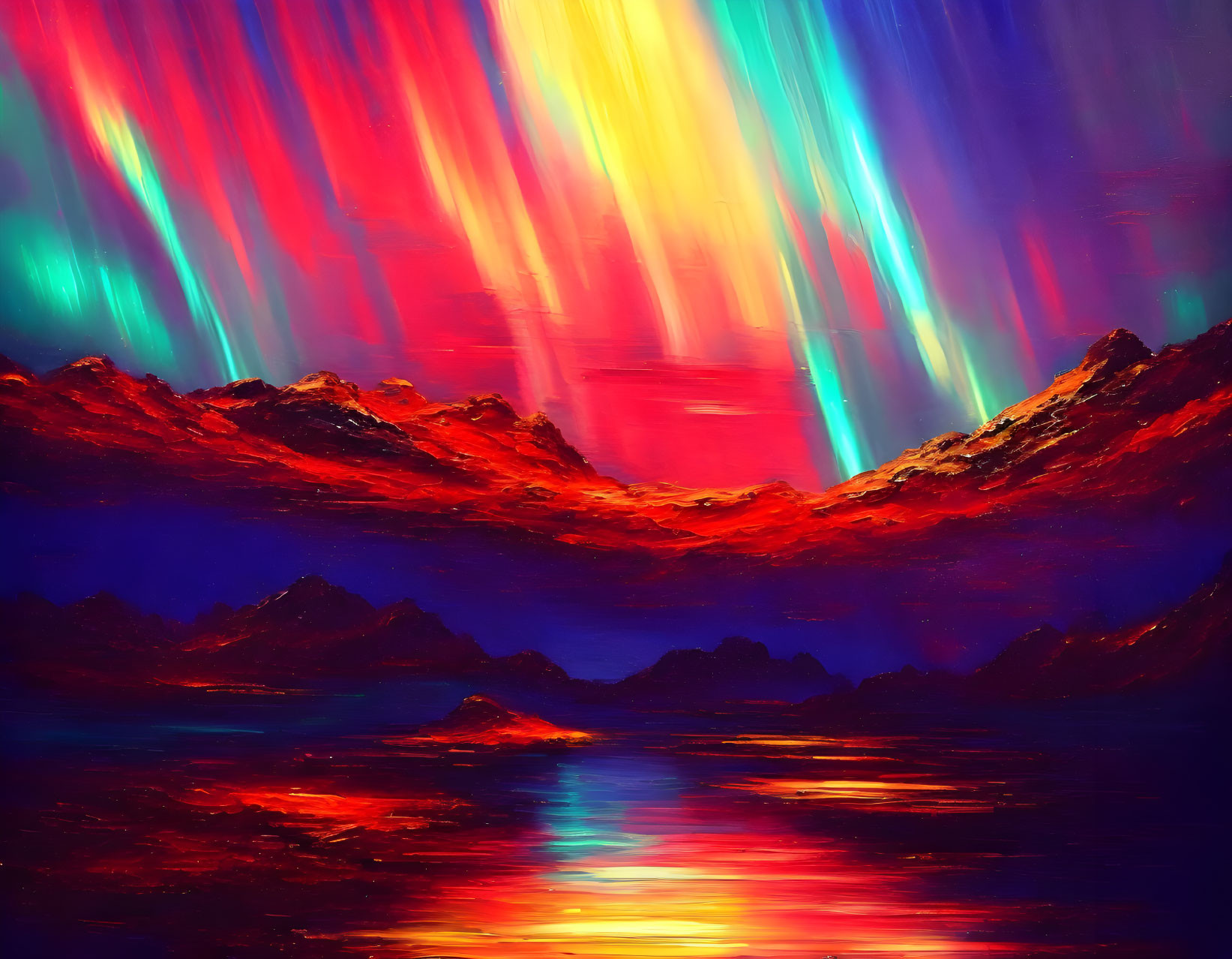 Colorful Aurora Borealis over Mountain Range and Water Surface