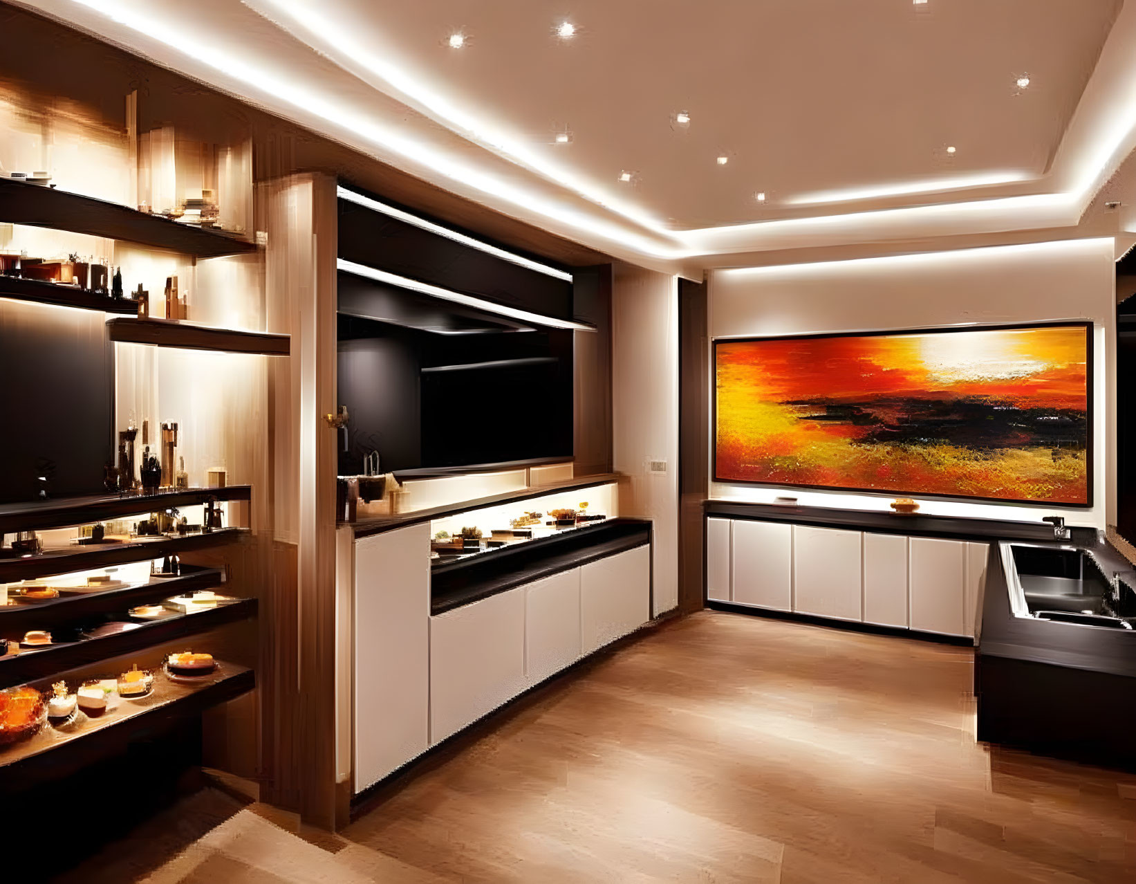 Sleek Modern Kitchen with Integrated Appliances and Colorful Painting