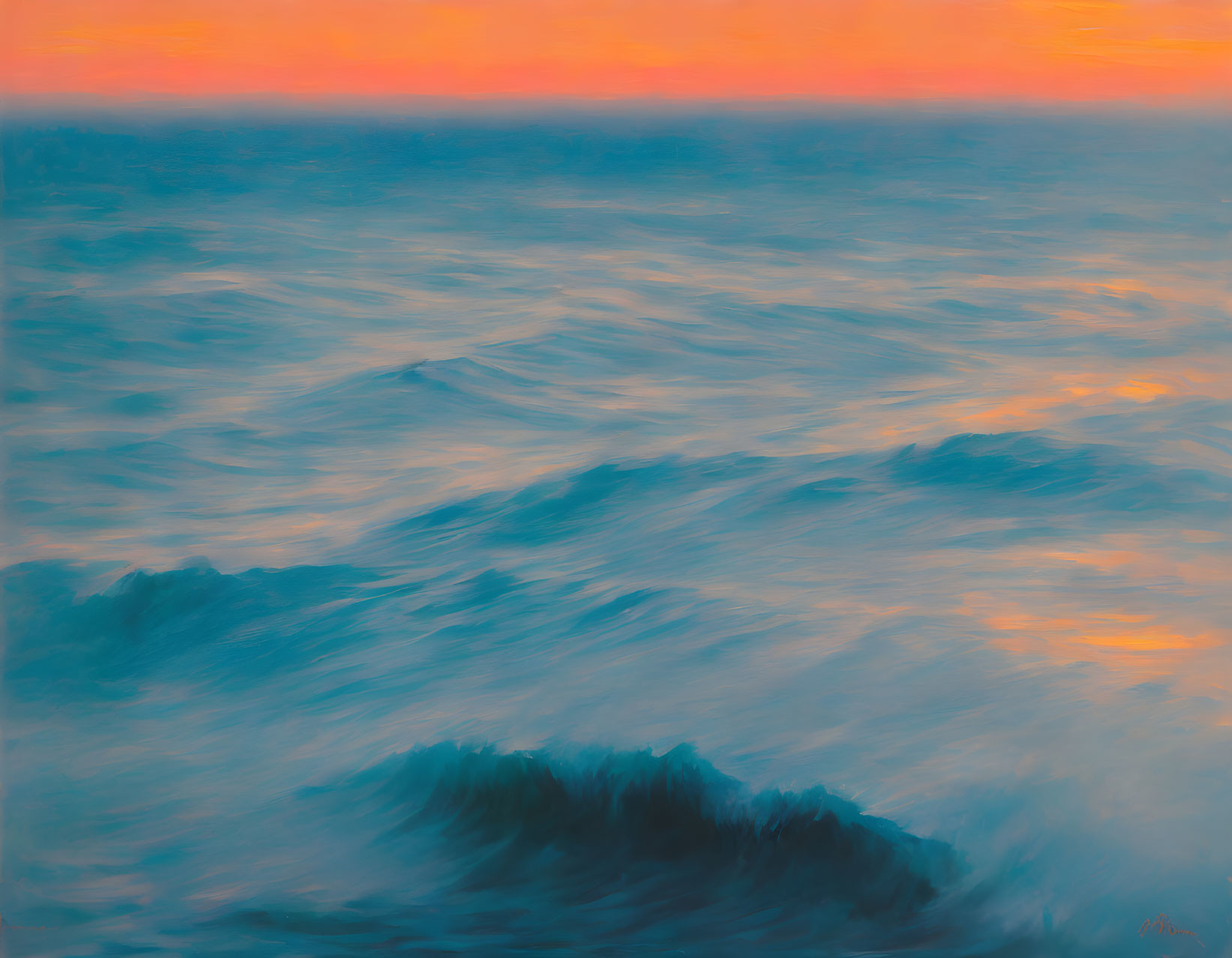 Tranquil ocean waves at sunset with orange and blue hues blending