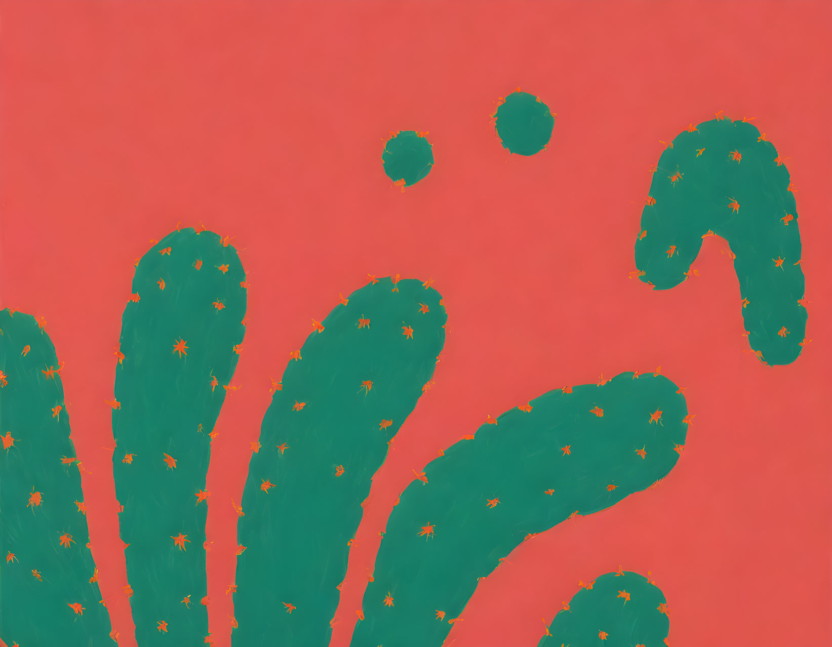 Vibrant red background with green cacti and yellow spikes