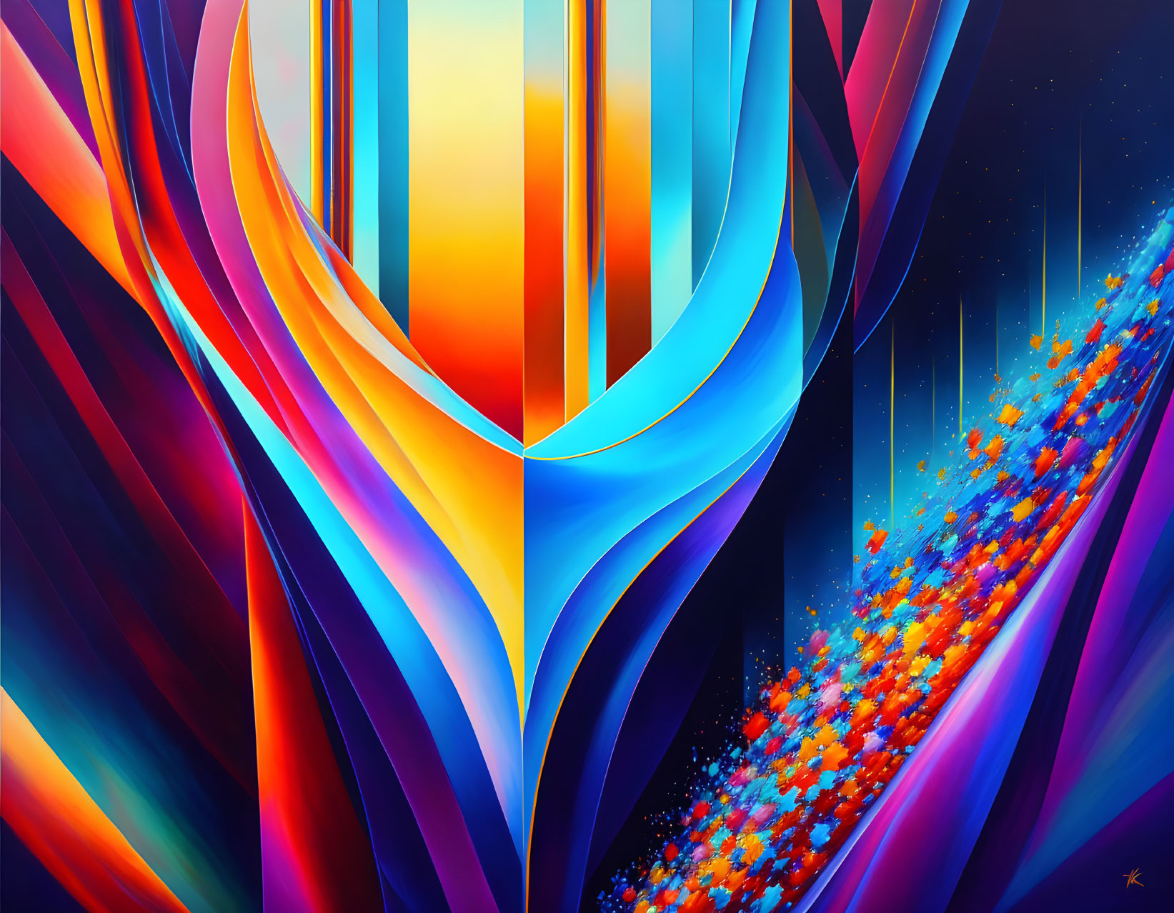 Colorful Abstract Painting: Blue and Orange Curved Shapes, Surreal Landscape Theme