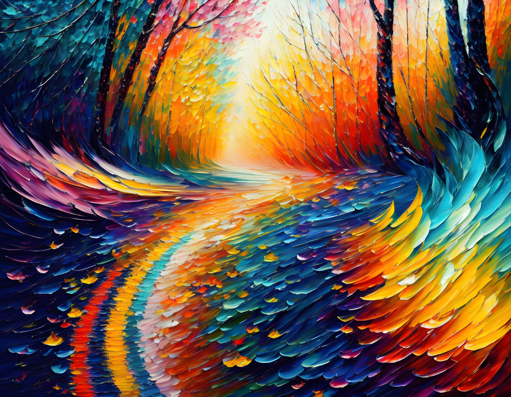 Vibrant autumn forest painting with winding path