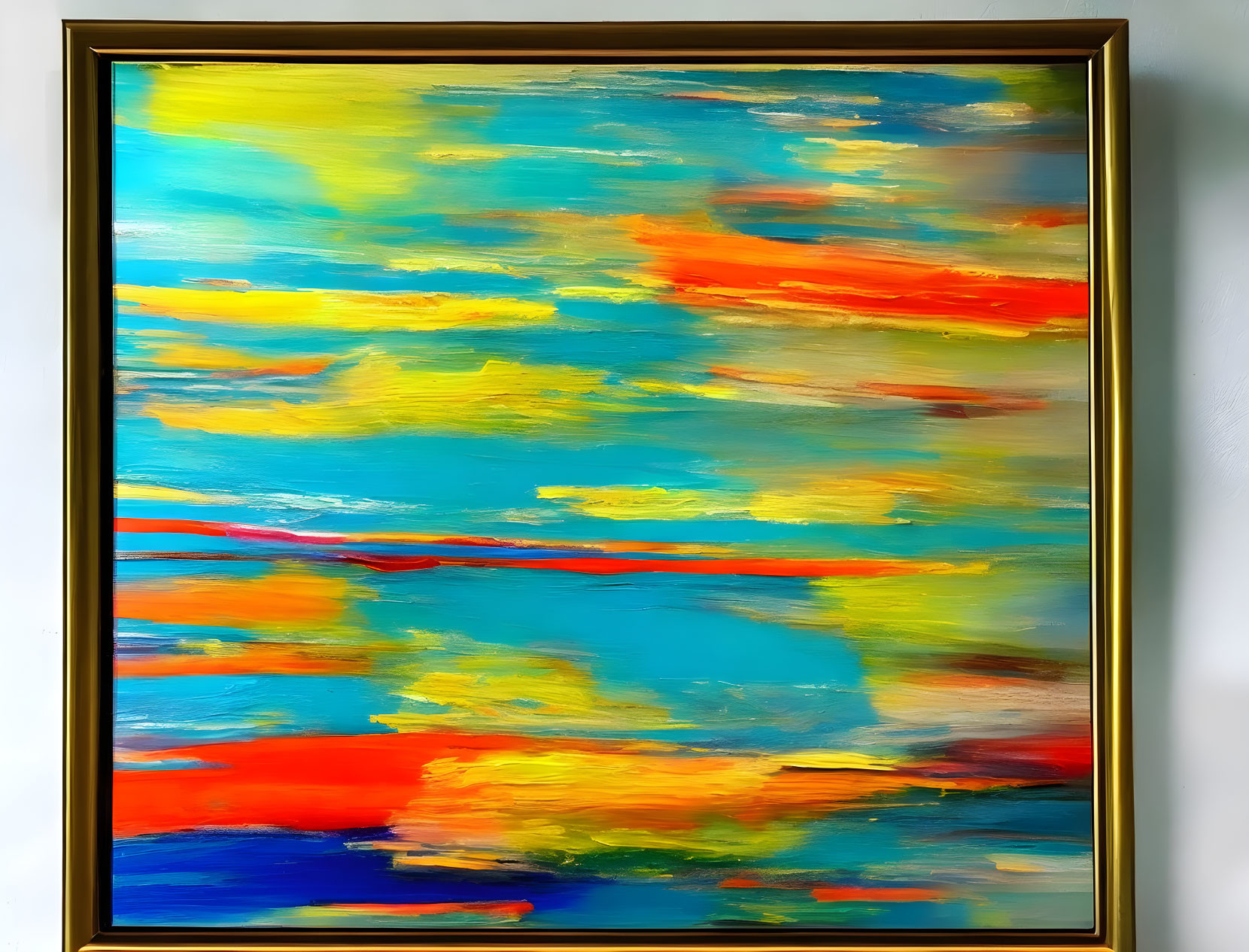 Vibrant Abstract Painting in Gold Frame with Blue, Yellow, Orange, and Red Streaks