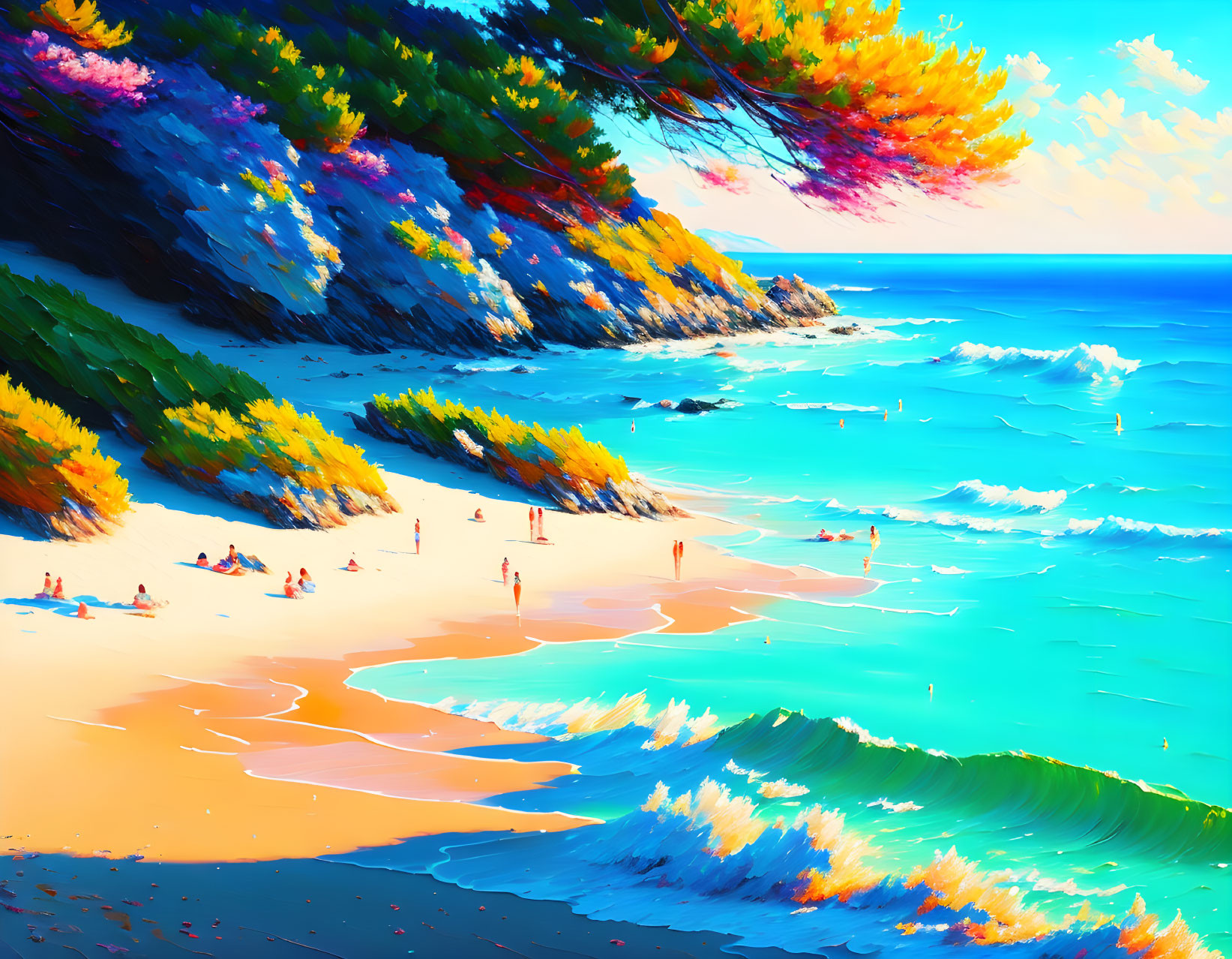 Sunny beach scene with sunbathers, blue waves, and colorful cliff