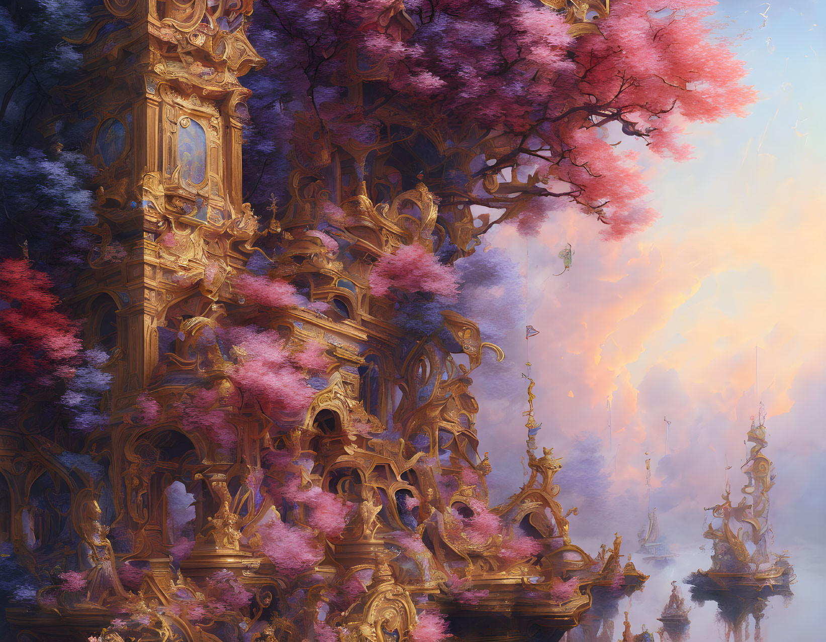 Golden fantasy structure among cotton-candy trees under pastel sky