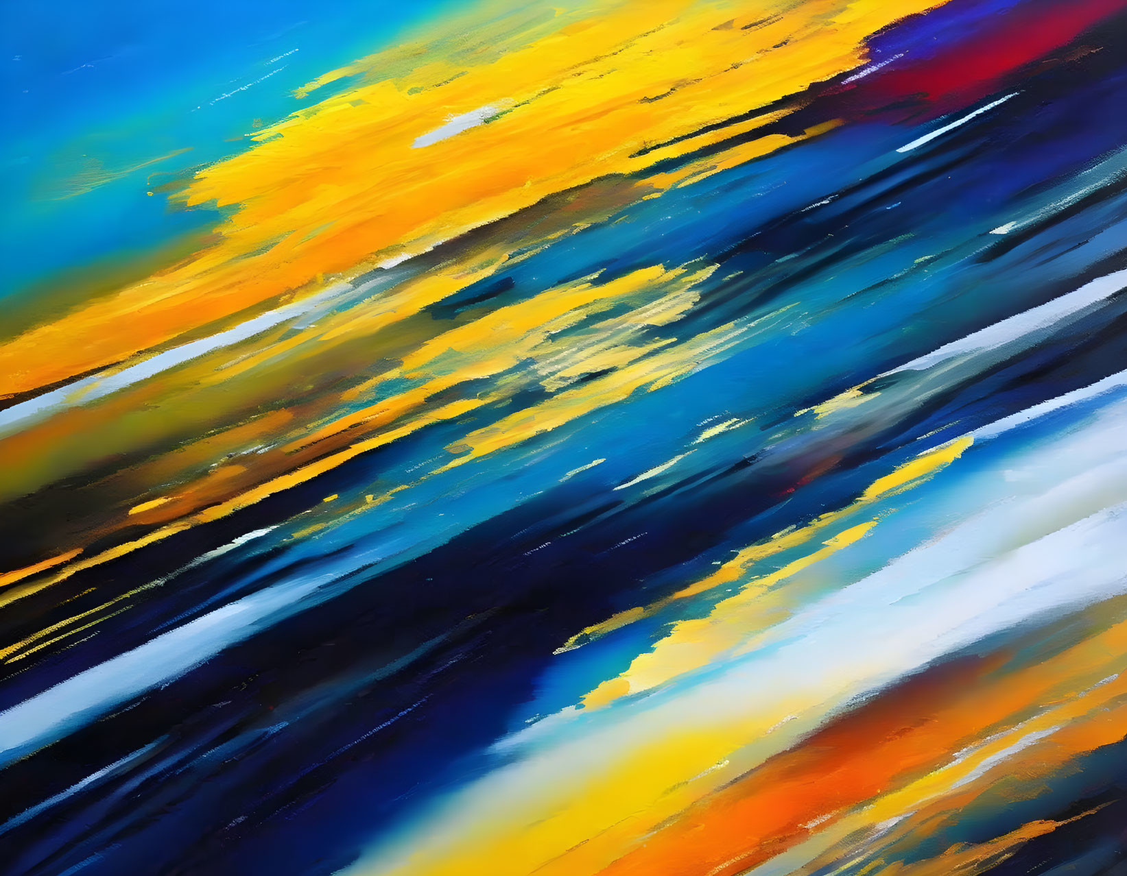 Colorful Abstract Painting with Blue, Yellow, and White Streaks