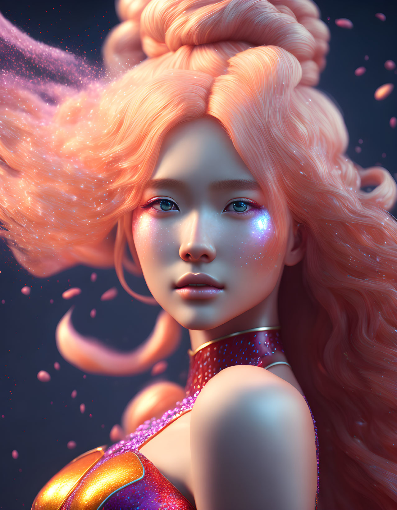 Vibrant digital portrait of a woman with pink hair and blue eyes