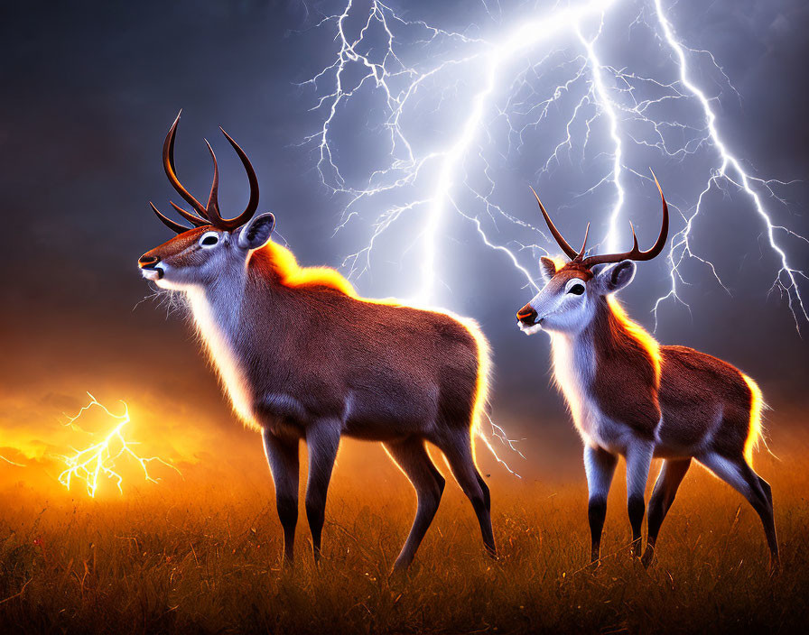 Two antlered deer in grassland with lightning bolts striking.