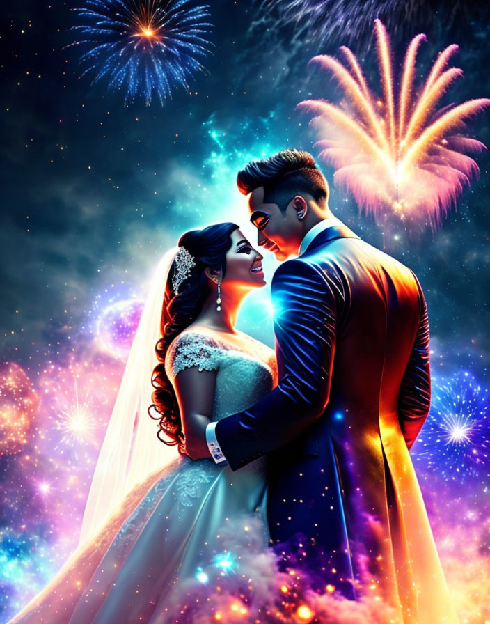 Couple in formal attire gazing lovingly under fireworks in night sky