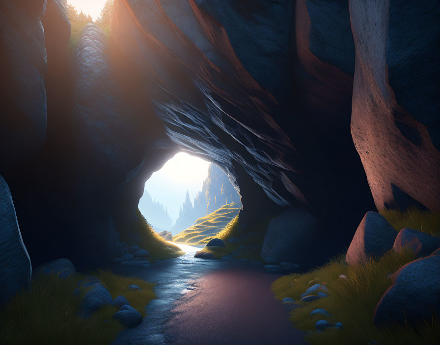 Sunlit Path through Serene Cave Opening to Distant Mountains