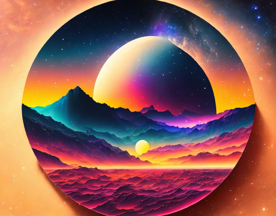 Colorful Circular Artwork: Surreal Landscape with Moon, Sun, Mountains