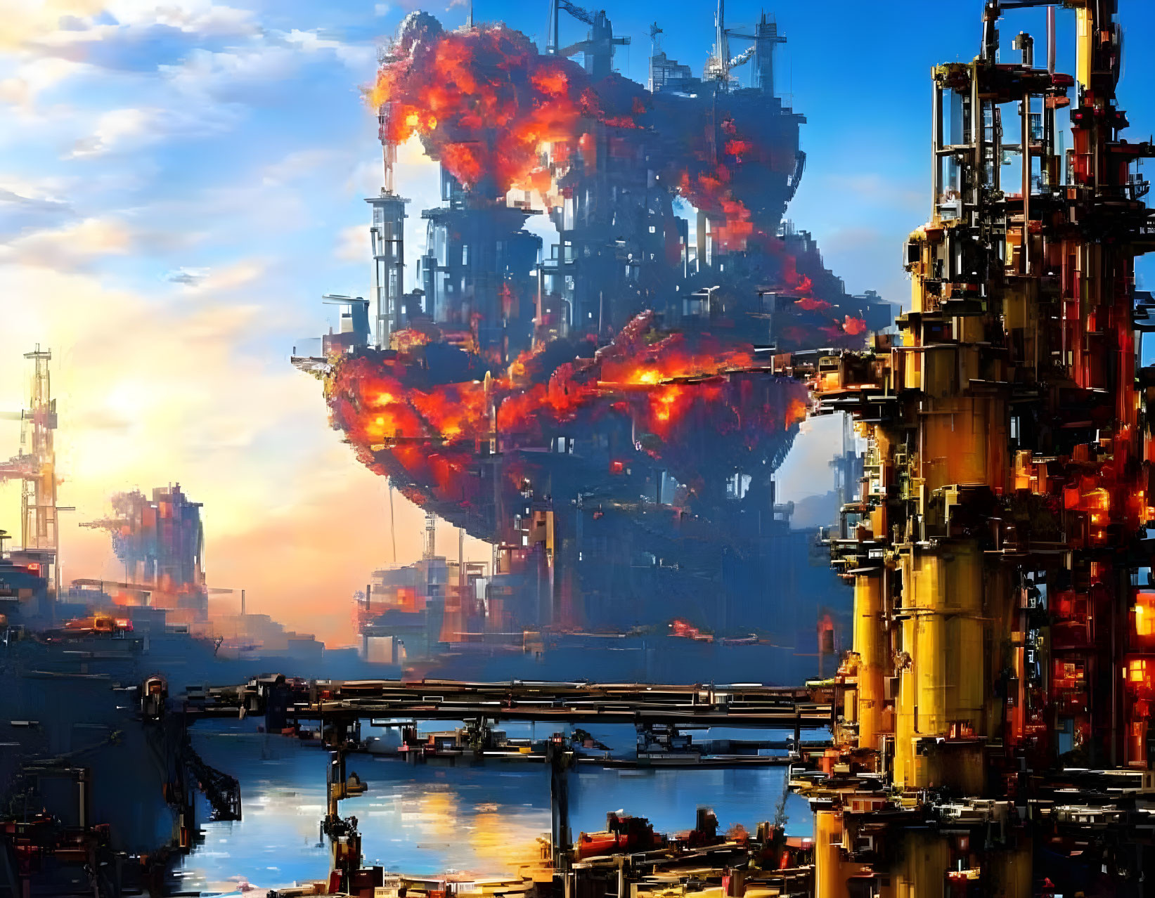 Dystopian industrial landscape with fiery explosions and smokestacks