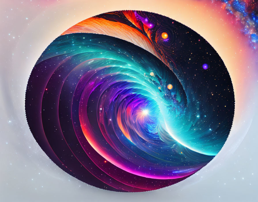 Colorful Cosmic Vortex Artwork with Blues, Purples, and Oranges