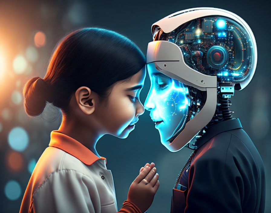 Young girl and humanoid robot touching foreheads in intimate moment