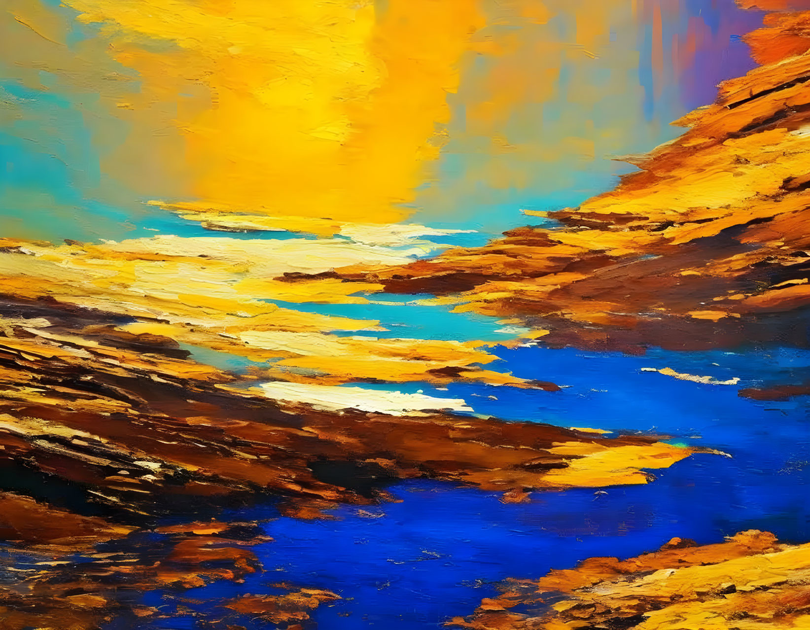 Colorful Abstract Painting: Blue Water with Yellow and Orange Cliff Textures