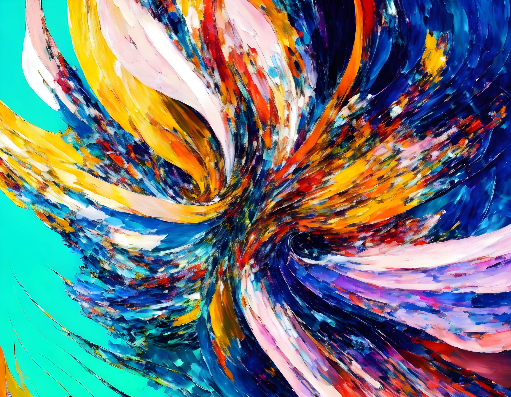 Colorful Abstract Painting: Blue, Orange, and Pink Swirls on Turquoise Background