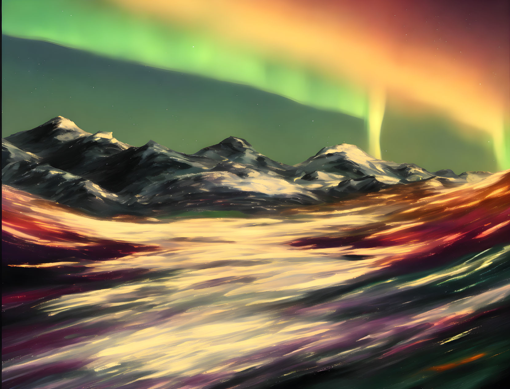 Colorful Mountain Range Painting with Aurora Borealis Effect