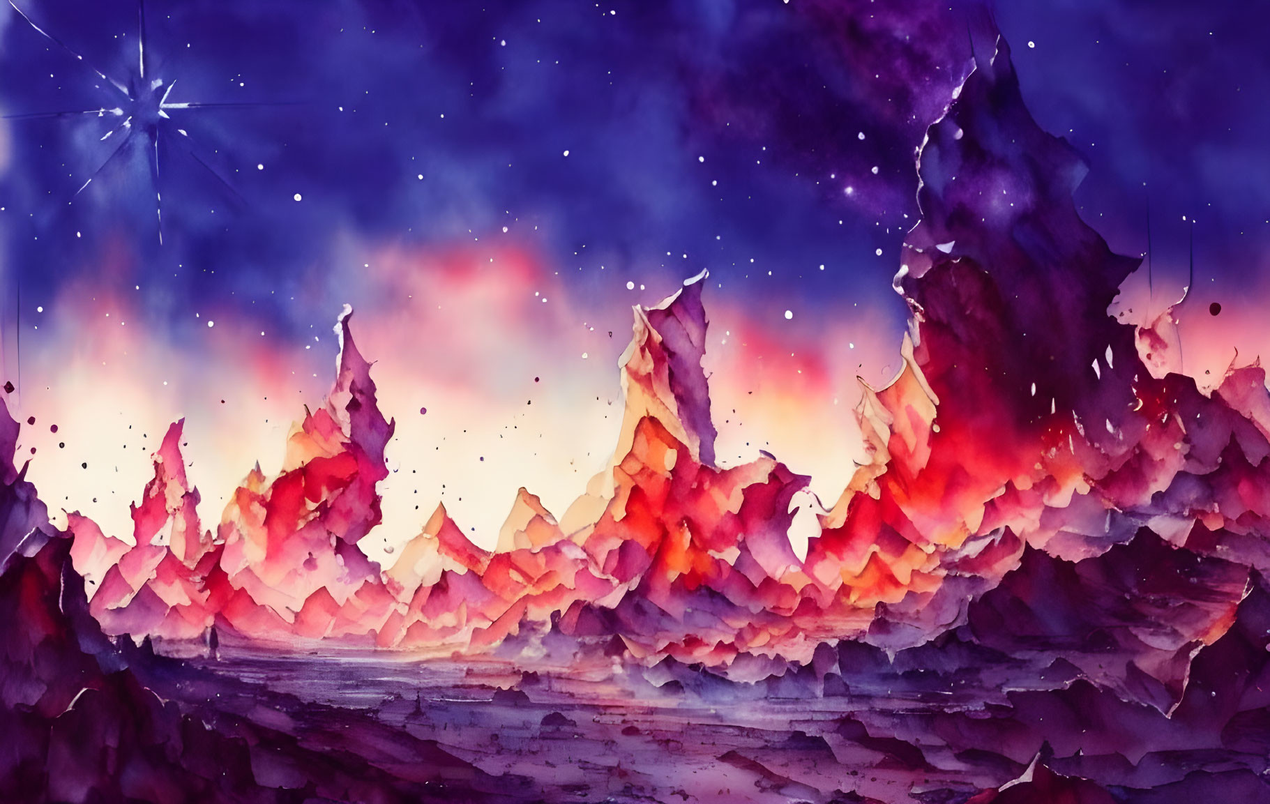 Colorful Watercolor Cosmic Mountain Landscape Under Starry Sky