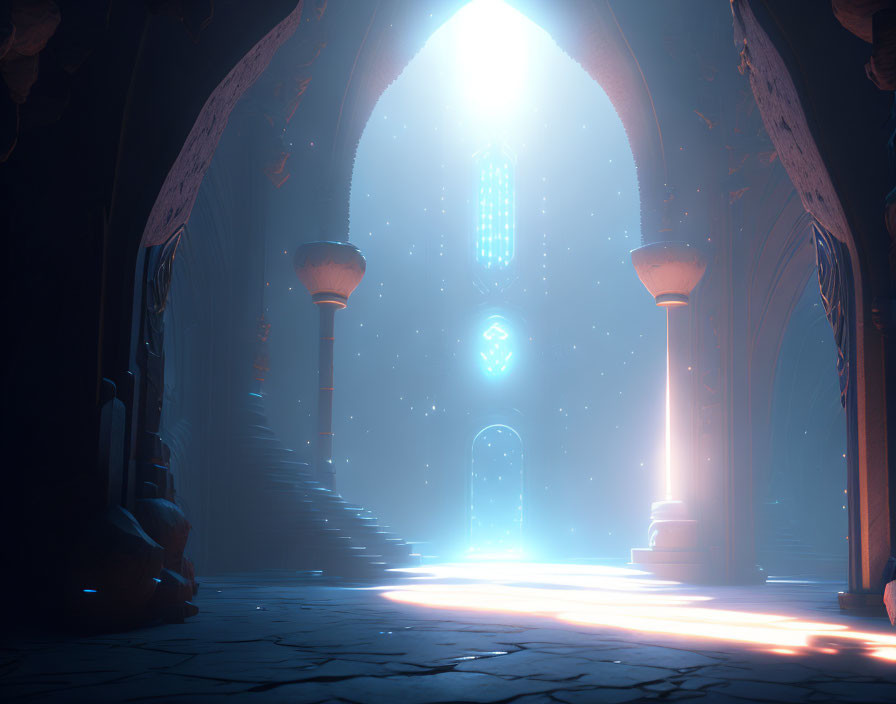 Mystical archway with celestial glow, ornate pillars, and enigmatic door in starry