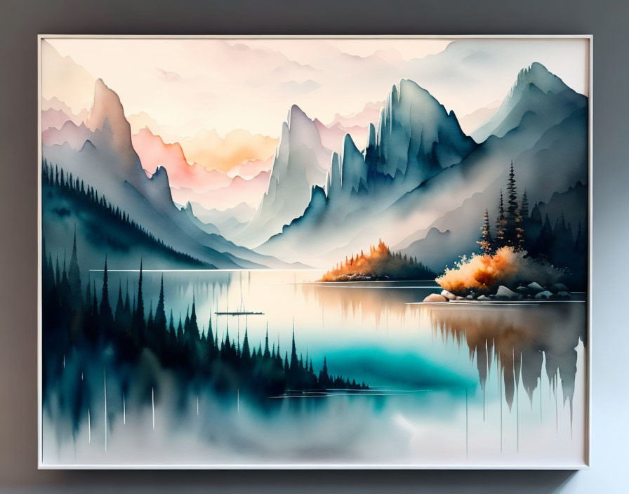 Tranquil landscape painting of serene lake, mountains, and pastel sky