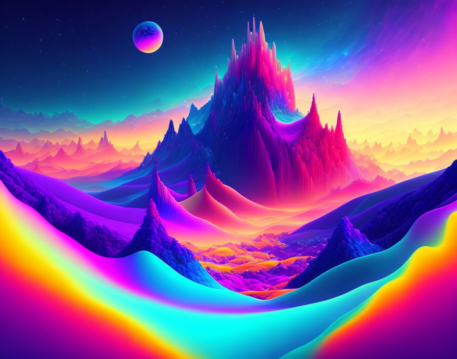 Neon-colored mountains under starry sky with purple hue