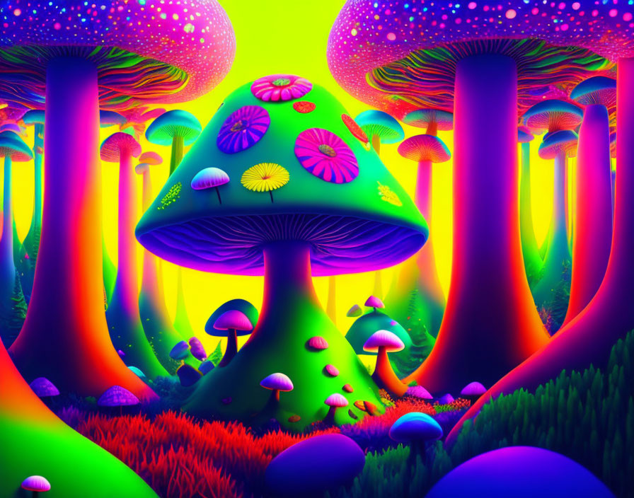 Colorful Mushroom-Filled Forest Illustration with Neon Hues