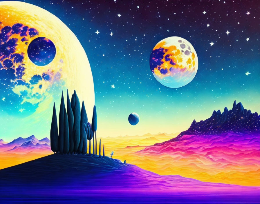 Colorful cosmic landscape with moon, planets, stars, mountains, and trees.