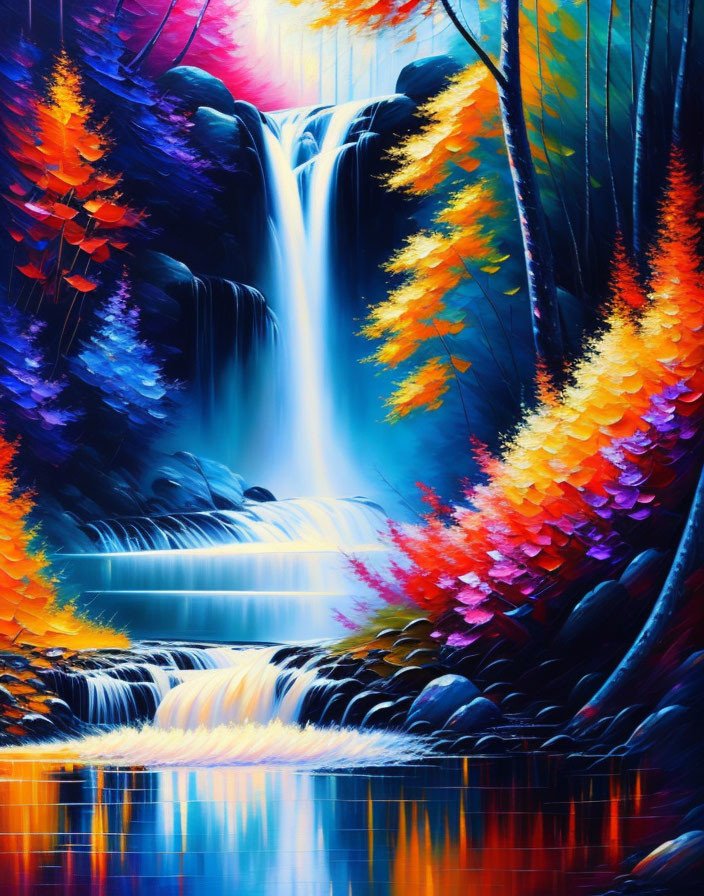 Colorful Painting of Waterfall with Blue Water and Fiery Foliage