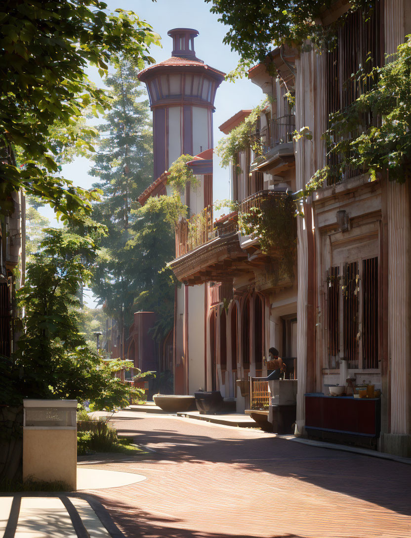 Traditional architecture and plant-filled balconies on a sunny street with a person leaning on a railing