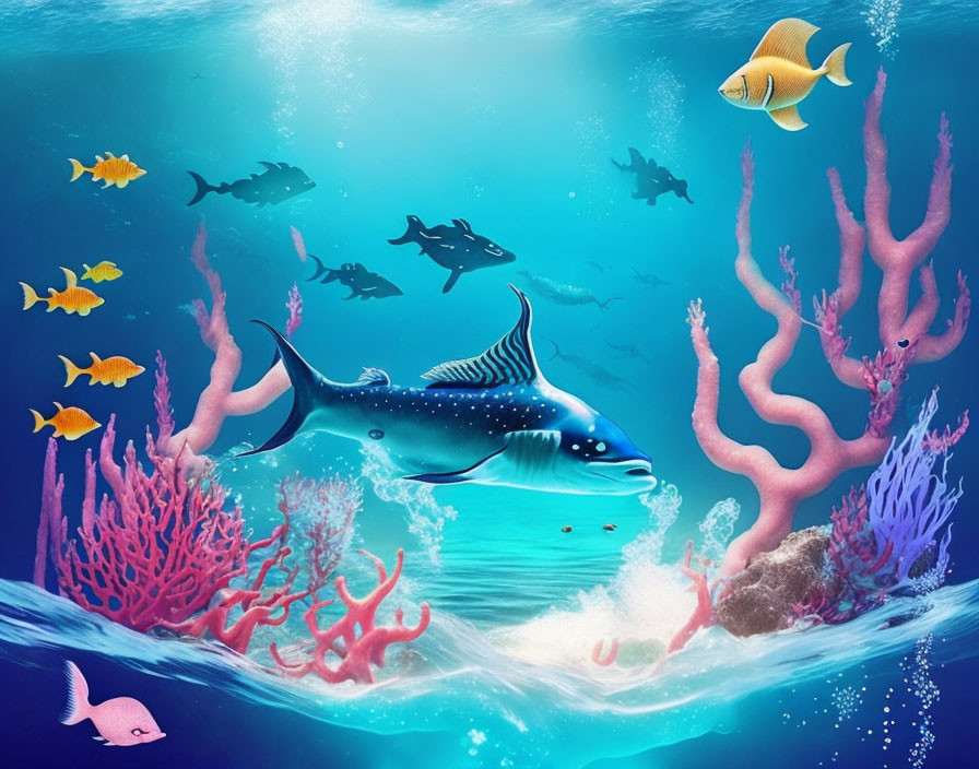 Colorful underwater scene with whale shark, fish, coral, and divers.