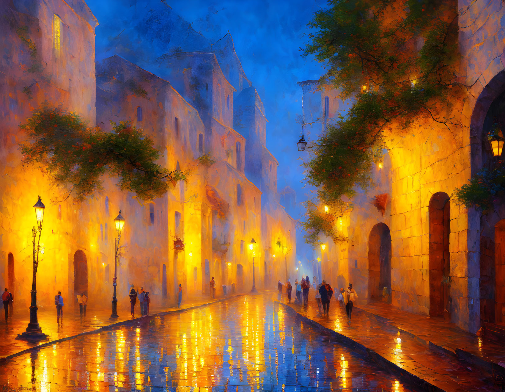 Vibrant painting: Wet cobblestone street at dusk with old buildings and street lamps.