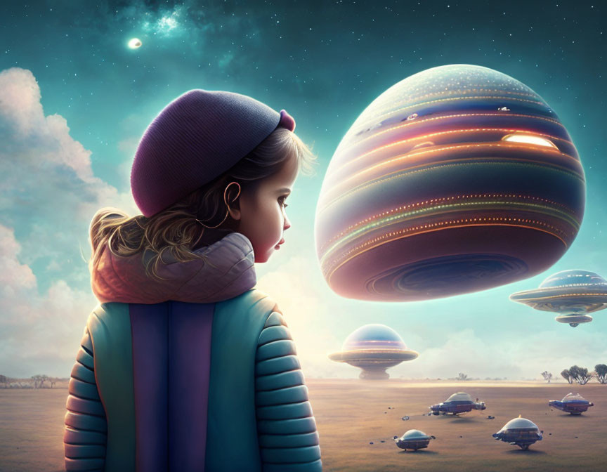 Child in beanie gazes at colorful spacecraft in serene field at dusk