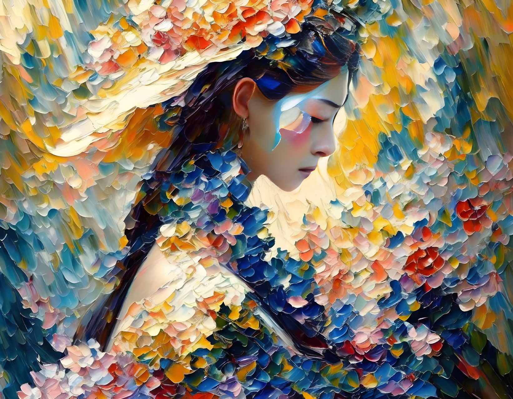 Colorful Impressionistic Painting of Woman with Floral Brushstrokes