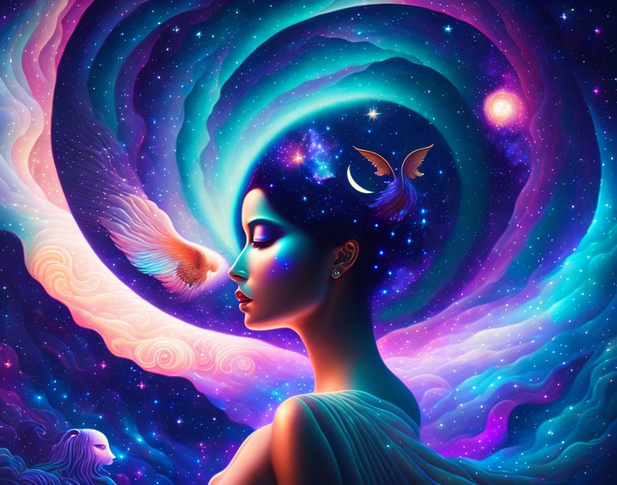 Colorful cosmic artwork of woman with star-filled hair and space background, bird, moon, planets,