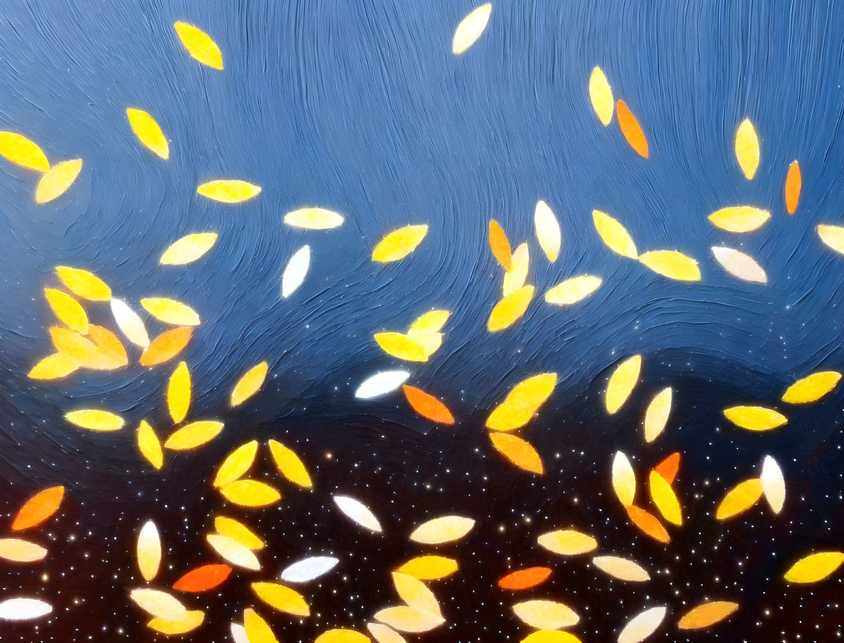 Golden Yellow Leaves Floating on Blue Water with Visible Brush Strokes