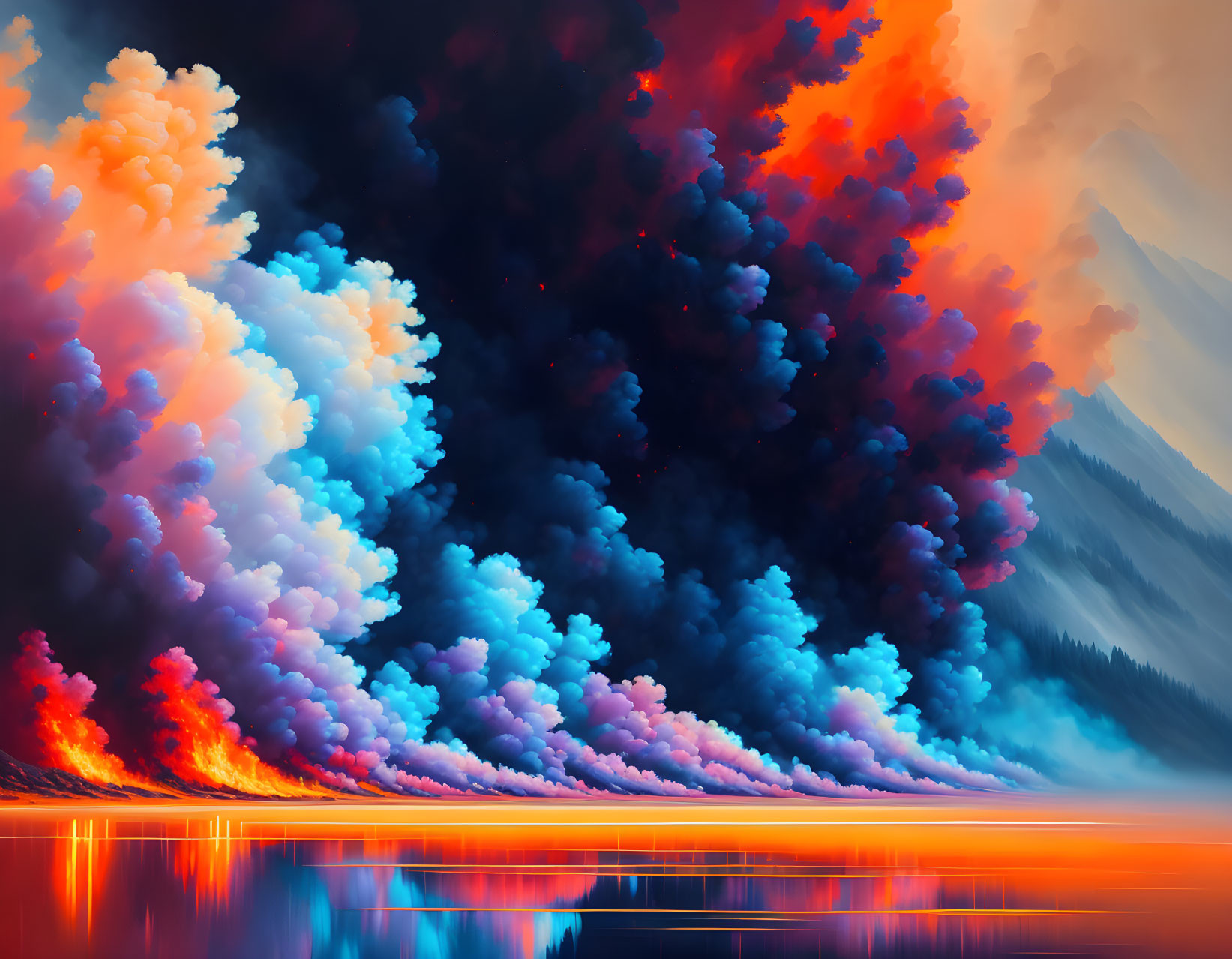 Surreal landscape with colorful clouds and fiery trees reflected in water