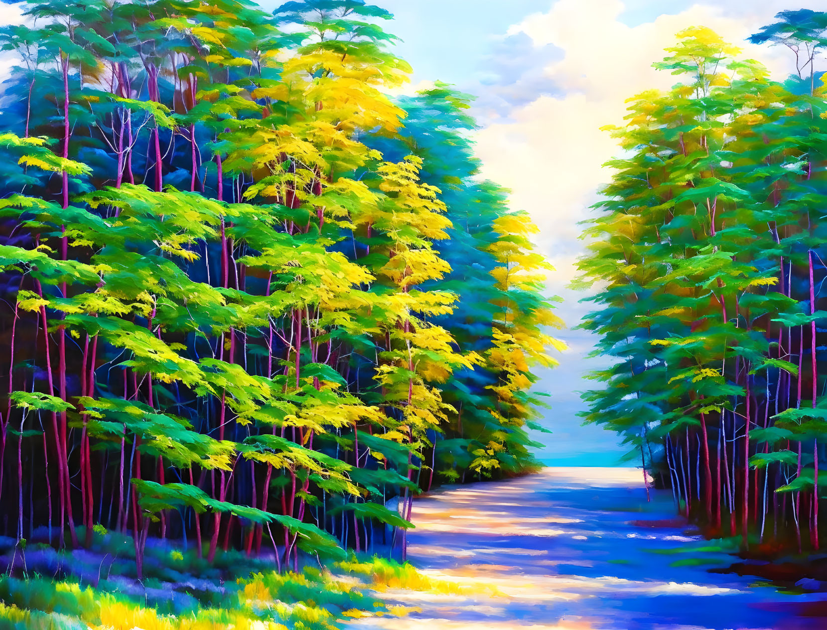 Lush Green and Yellow Trees in Vibrant Forest Path Painting