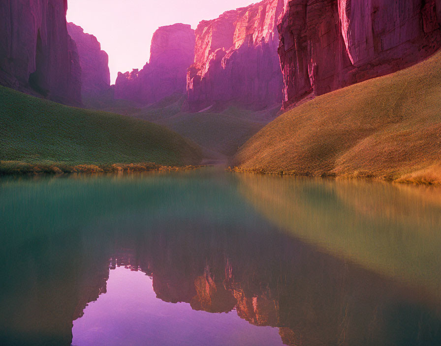 Tranquil river with lush green banks and red canyon walls