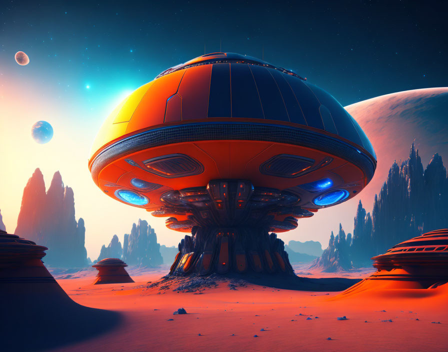 Futuristic orange and blue spaceship in alien desert with two moons