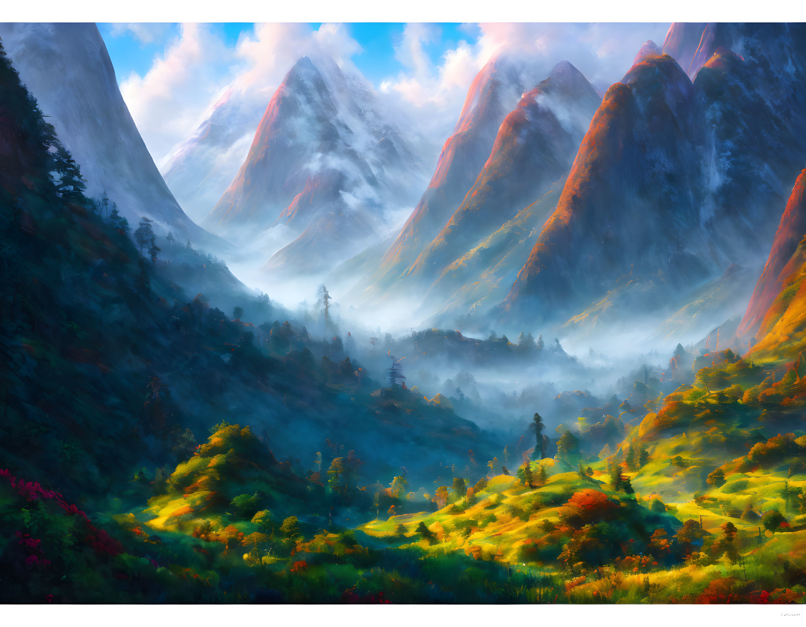 Colorful fictional landscape with misty valleys and towering mountains