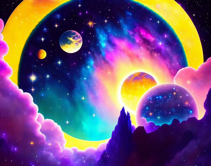 Colorful Digital Artwork Featuring Celestial Bodies and Cosmic Circles